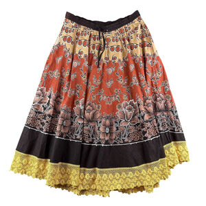 Boho Prairie Earth Tone Sequin Floral Embroidered Maxi Circle Skirt One Size